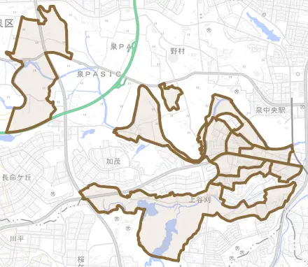 上谷刈とその周辺の地図。町の範囲を重ねている