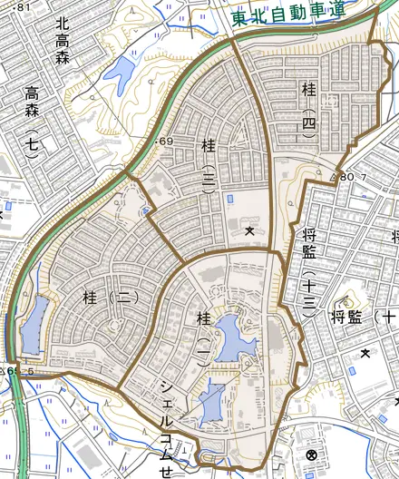 桂とその周辺の地図。町の範囲を重ねている
