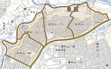北中山とその周辺の地図。町の範囲を重ねている