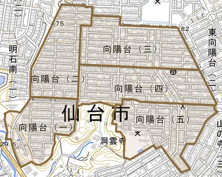 向陽台とその周辺の地図。町の範囲を重ねている