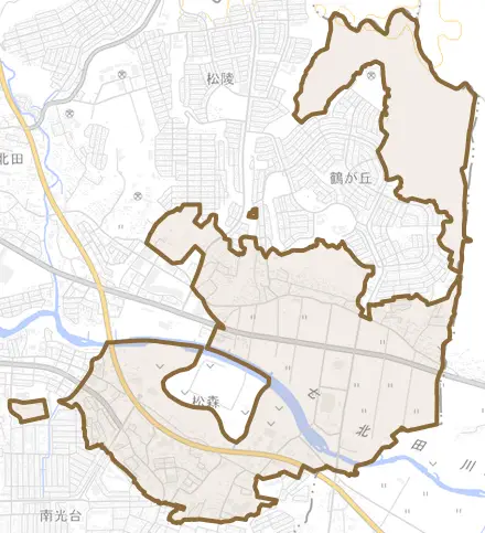 松森とその周辺の地図。町の範囲を重ねている