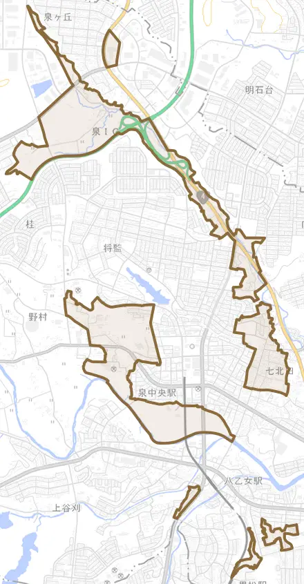 七北田とその周辺の地図。町の範囲を重ねている