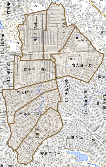 南光台とその周辺の地図。町の範囲を重ねている