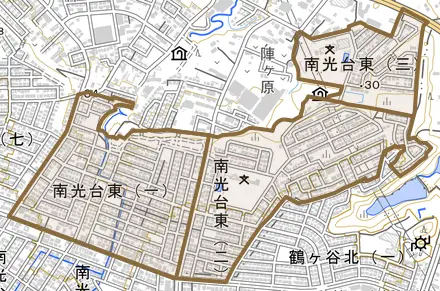 南光台東とその周辺の地図。町の範囲を重ねている