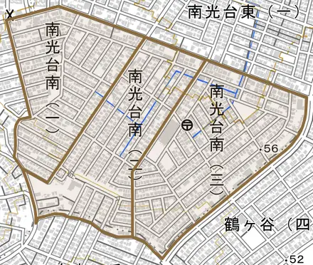 南光台南とその周辺の地図。町の範囲を重ねている