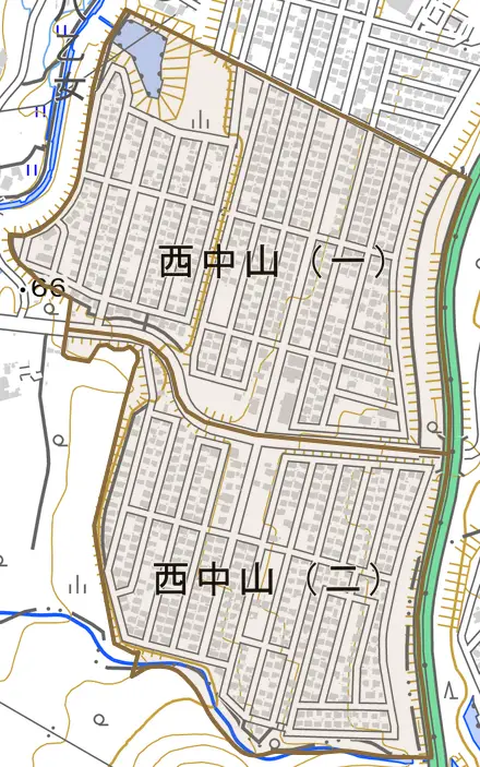 西中山とその周辺の地図。町の範囲を重ねている