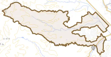 西田中とその周辺の地図。町の範囲を重ねている
