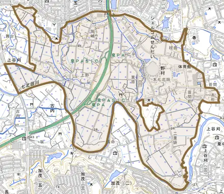 野村とその周辺の地図。町の範囲を重ねている