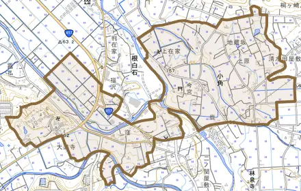 小角とその周辺の地図。町の範囲を重ねている