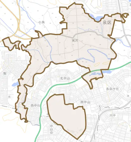 実沢とその周辺の地図。町の範囲を重ねている