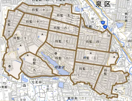 将監とその周辺の地図。町の範囲を重ねている