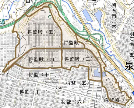 将監殿とその周辺の地図。町の範囲を重ねている