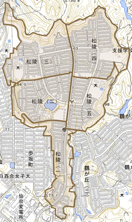 松陵とその周辺の地図。町の範囲を重ねている
