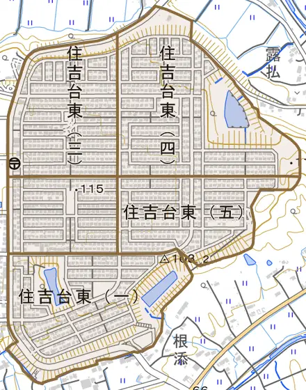 住吉台東とその周辺の地図。町の範囲を重ねている