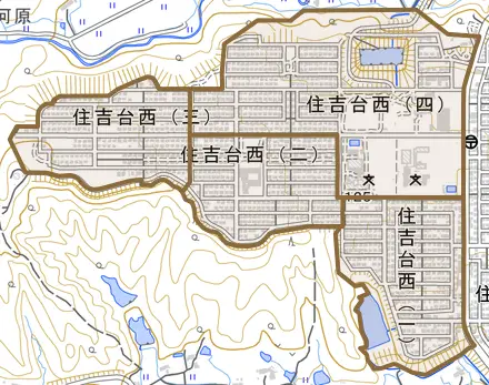 住吉台西とその周辺の地図。町の範囲を重ねている