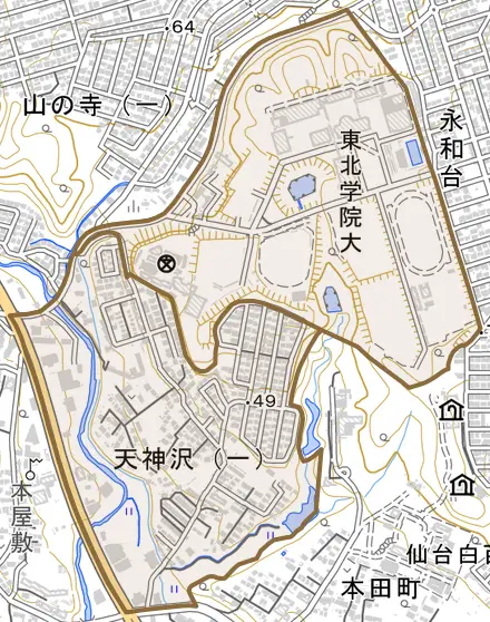 天神沢とその周辺の地図。町の範囲を重ねている