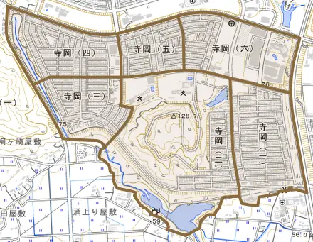 寺岡とその周辺の地図。町の範囲を重ねている