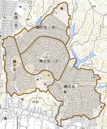 鶴が丘とその周辺の地図。町の範囲を重ねている