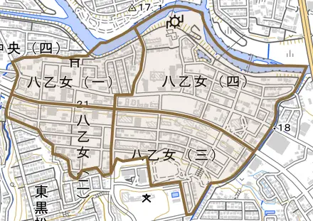 八乙女とその周辺の地図。町の範囲を重ねている