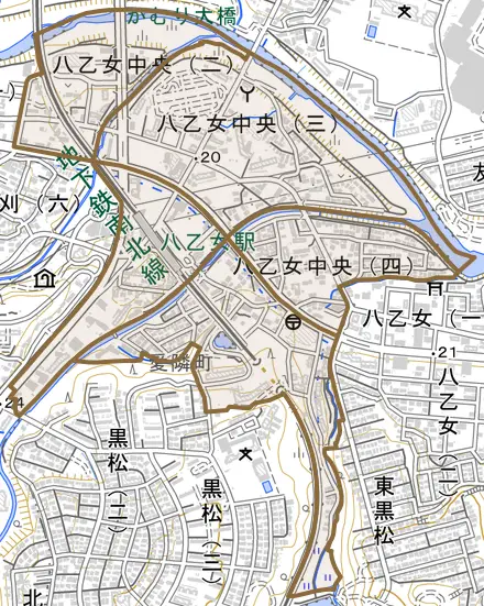 八乙女中央とその周辺の地図。町の範囲を重ねている