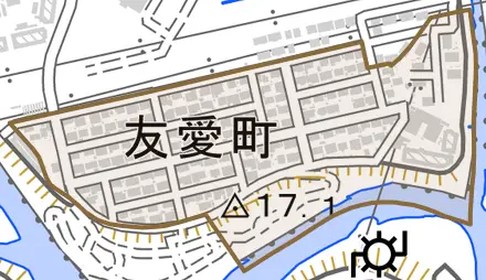 友愛町とその周辺の地図。町の範囲を重ねている