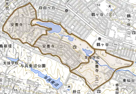 安養寺とその周辺の地図。町の範囲を重ねている