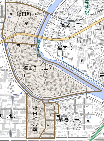 福田町とその周辺の地図。町の範囲を重ねている