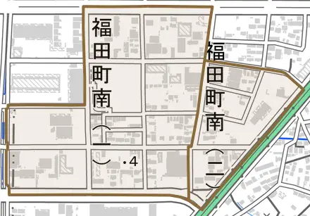 福田町南とその周辺の地図。町の範囲を重ねている