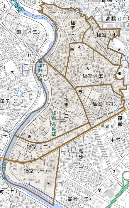 福室とその周辺の地図。町の範囲を重ねている