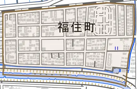 福住町とその周辺の地図。町の範囲を重ねている