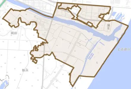 蒲生とその周辺の地図。町の範囲を重ねている