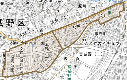 五輪とその周辺の地図。町の範囲を重ねている