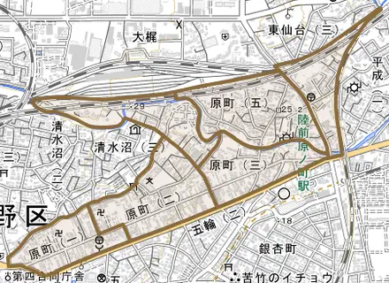 原町とその周辺の地図。町の範囲を重ねている