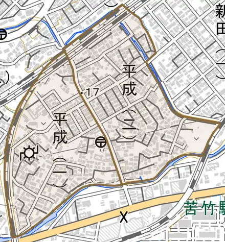 平成とその周辺の地図。町の範囲を重ねている