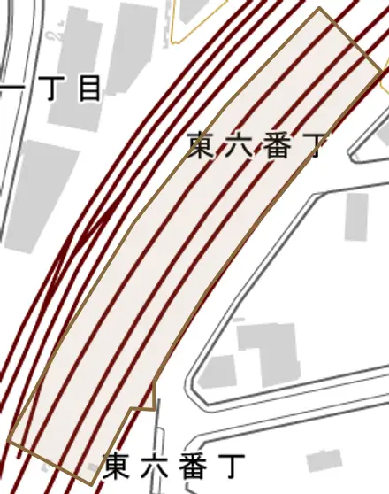 東六番丁とその周辺の地図。町の範囲を重ねている