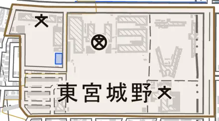東宮城野とその周辺の地図。町の範囲を重ねている