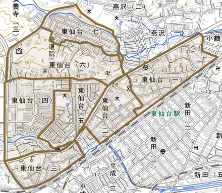 東仙台とその周辺の地図。町の範囲を重ねている