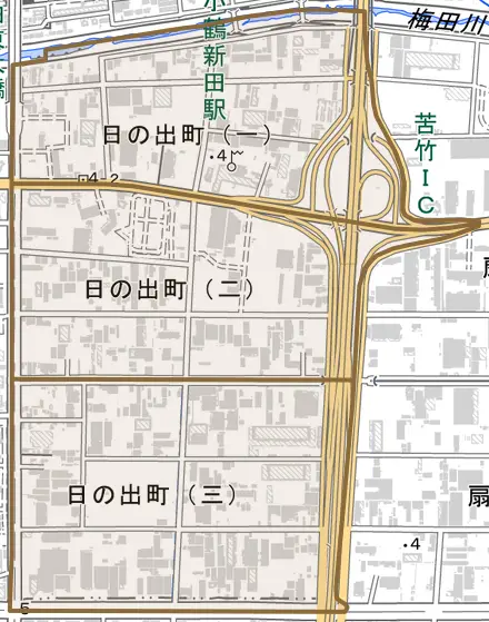 日の出町とその周辺の地図。町の範囲を重ねている