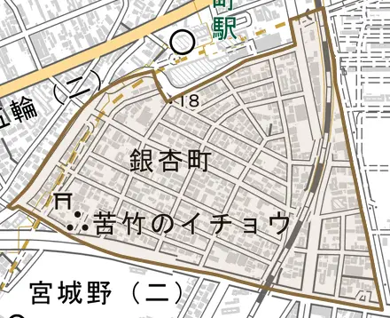 銀杏町とその周辺の地図。町の範囲を重ねている