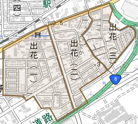 出花とその周辺の地図。町の範囲を重ねている