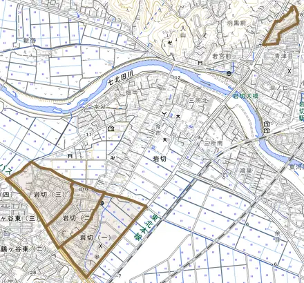 岩切とその周辺の地図。町の範囲を重ねている