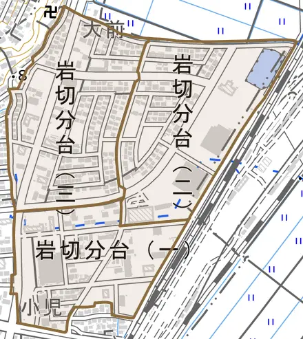 岩切分台とその周辺の地図。町の範囲を重ねている