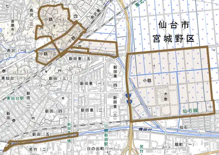 小鶴とその周辺の地図。町の範囲を重ねている