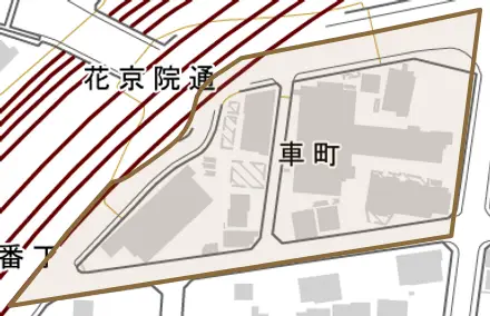 車町とその周辺の地図。町の範囲を重ねている