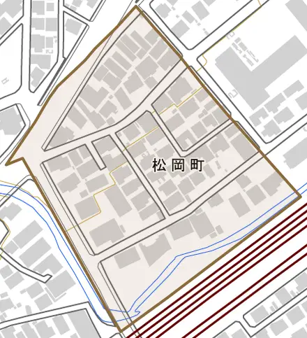 松岡町とその周辺の地図。町の範囲を重ねている