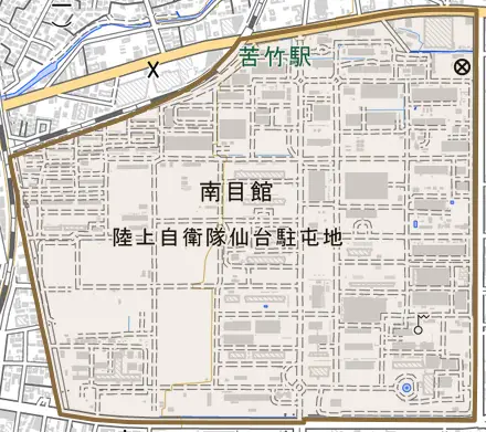 南目館とその周辺の地図。町の範囲を重ねている