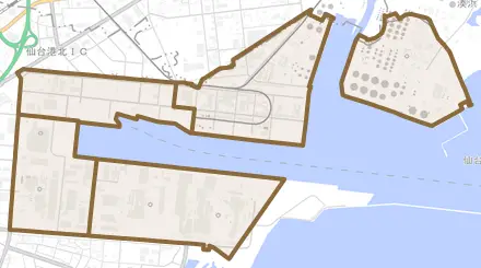 港とその周辺の地図。町の範囲を重ねている