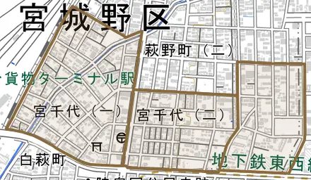 宮千代とその周辺の地図。町の範囲を重ねている