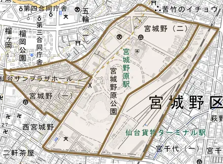 宮城野とその周辺の地図。町の範囲を重ねている