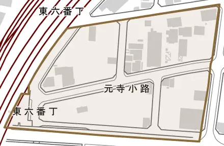 元寺小路とその周辺の地図。町の範囲を重ねている